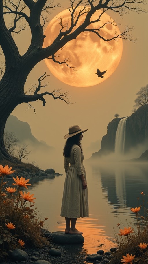 A woman in a long dress and wide-brimmed hat stands barefoot on a rock by a misty lake, with a large orange moon, a flying bird, and orange flowers in the foreground.