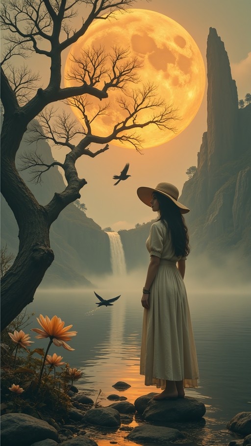 A woman in a white dress and hat stands on rocks by water with a large orange moon, waterfall, and birds in the background.