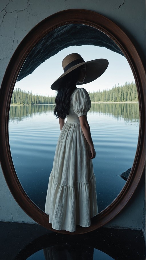 A woman with long dark hair wearing a white dress and wide-brimmed hat stands before an oval mirror, her reflection showing a calm lake and forest.