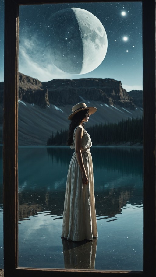 A woman wearing a hat and white dress stands in a lake viewed through a wooden window frame, looking at a large moon and stars over mountains.