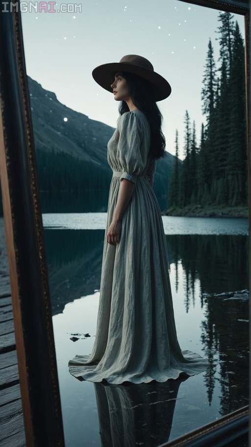 A woman in a wide-brimmed hat and long dress stands by a reflective lake with mountains in the background.
