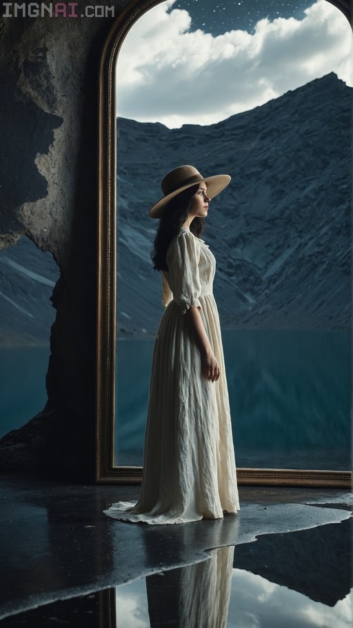 A woman in a white dress and brown hat stands on a reflective surface looking out at mountains through a large arched frame.