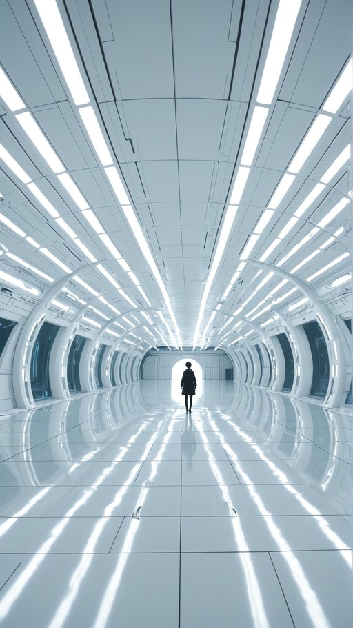 A lone person in a dark coat stands at the end of a long, bright white futuristic hallway with reflective floors.