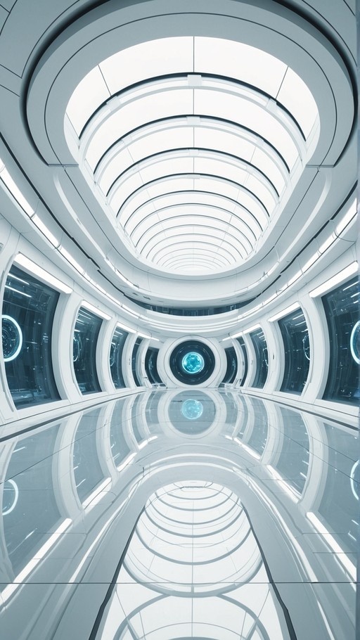 Sleek white spaceship corridor with reflective floor and view of a blue planet through circular windows.
