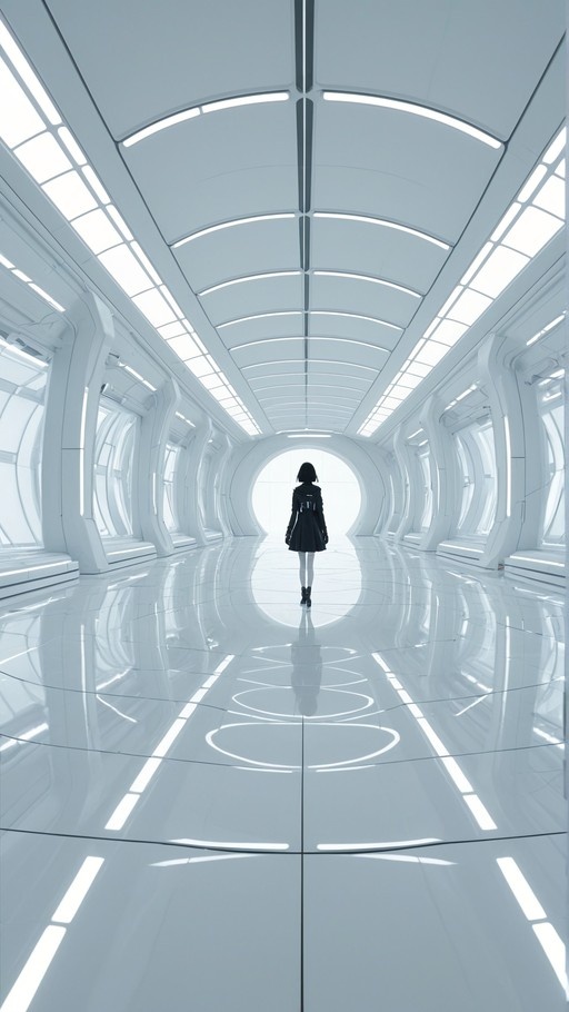 A girl with short dark hair in a black coat walks down a long, bright white futuristic hallway towards a circular opening at the end.