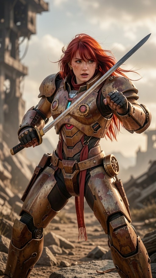 A red-haired woman in weathered bronze power armor holds a sword amidst ruins.