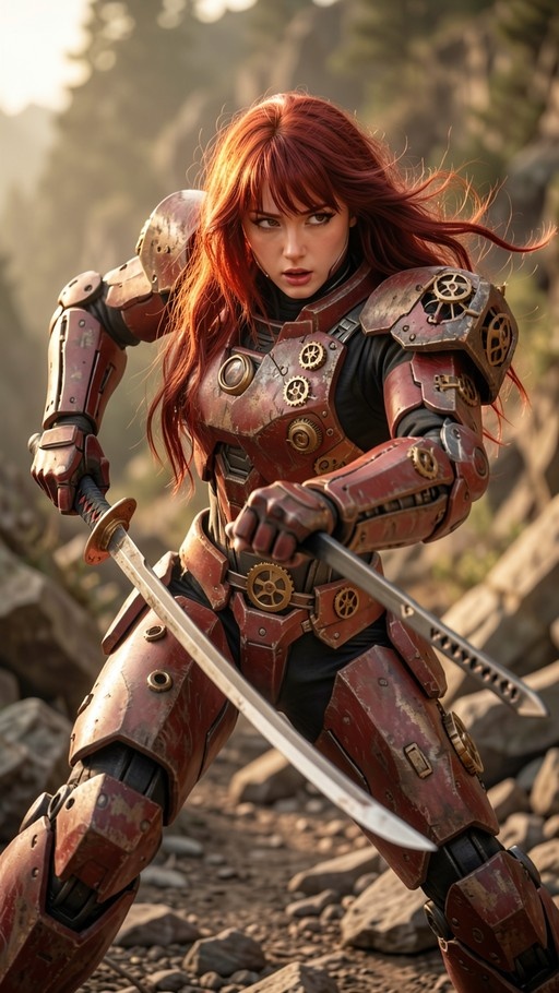 A red-haired woman in heavy red mechanical armor with exposed gears stands in a rocky landscape, holding two swords in a combat stance.