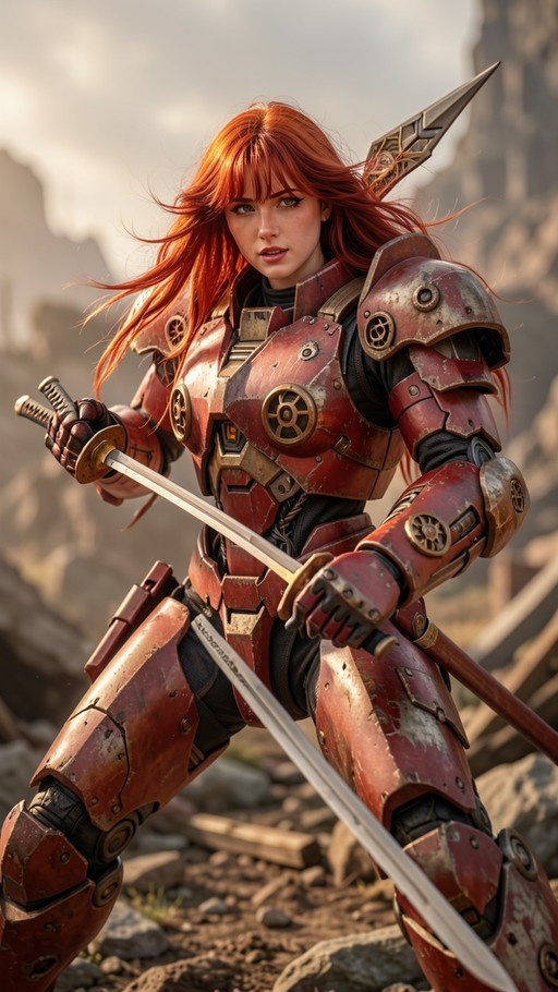 A red-haired woman in heavy red power armor holding a sword in a rocky landscape.