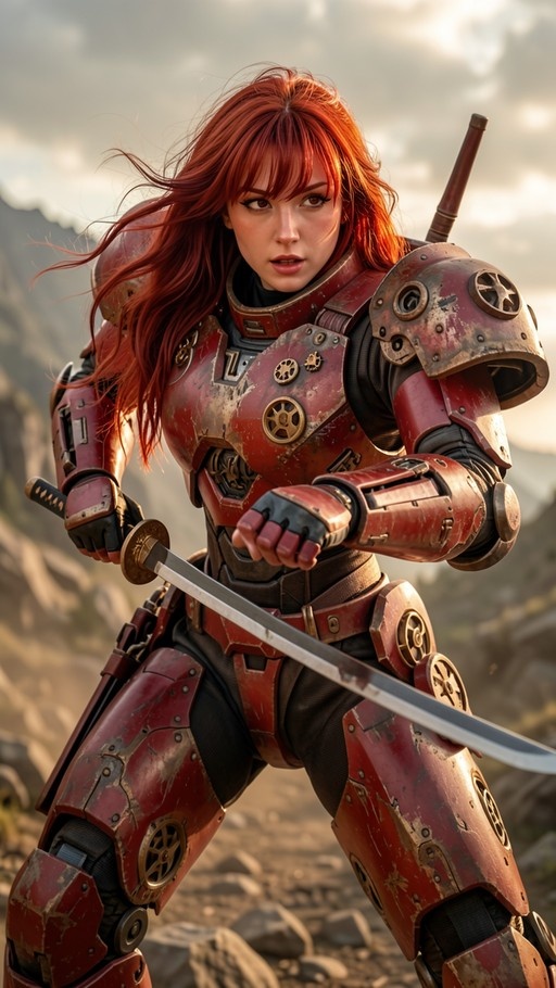 A red-haired woman in heavy red power armor holds a katana in a combat stance against a mountainous backdrop.
