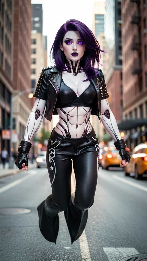 A pale-skinned female cyborg with purple hair and glowing purple eyes hovers above a city street. She wears a black studded leather jacket, bra top, and tight pants with silver designs against a blurred urban backdrop.