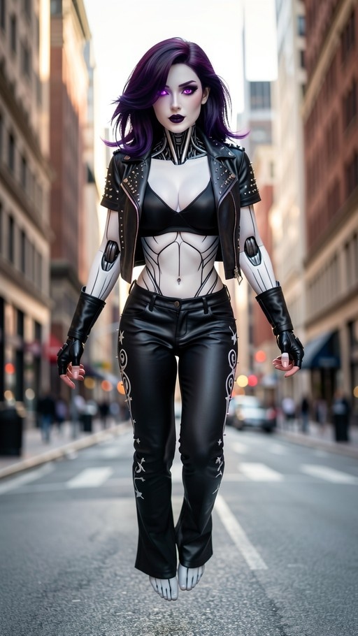 A full-body shot of a female cyborg with purple hair and glowing eyes wearing a studded leather jacket and black pants, floating above a city street.