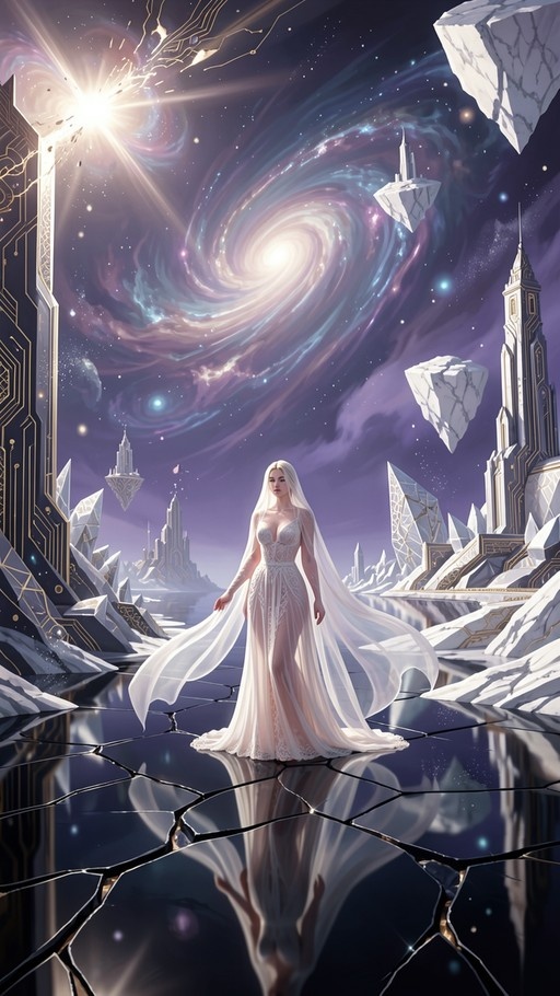 A woman in a white dress and veil stands on cracked ground beneath a swirling galaxy and floating rocks.