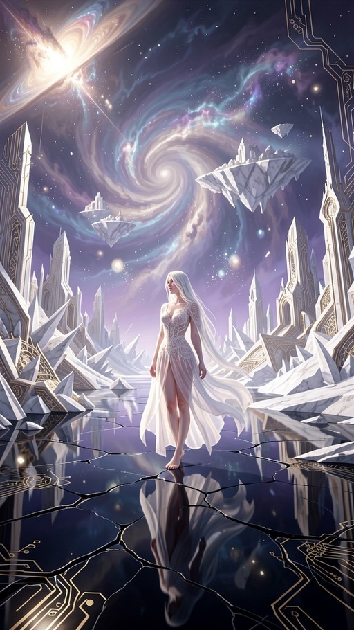A woman with long white hair wearing a sheer white dress walks barefoot on a cracked reflective surface surrounded by tall crystal structures and floating islands under a swirling purple and blue galaxy sky.
