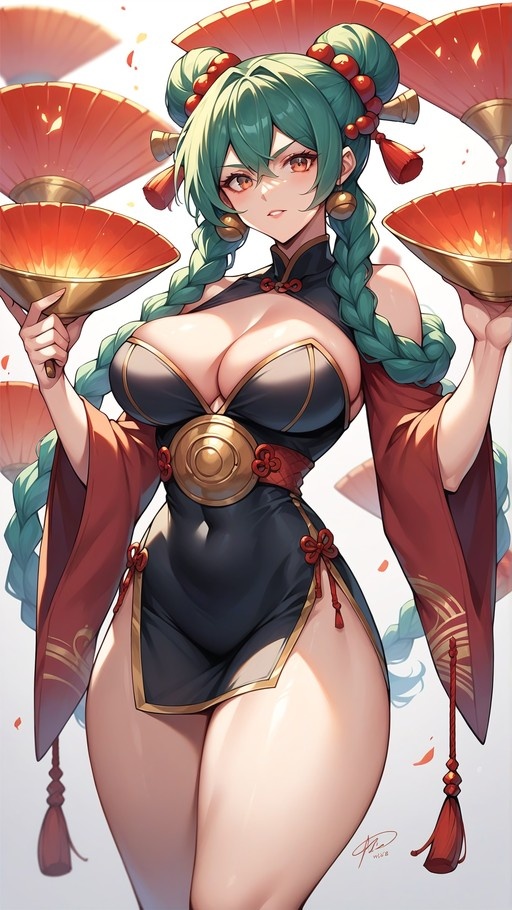 Teal-haired anime woman in a black and red dress holding two large orange fans.