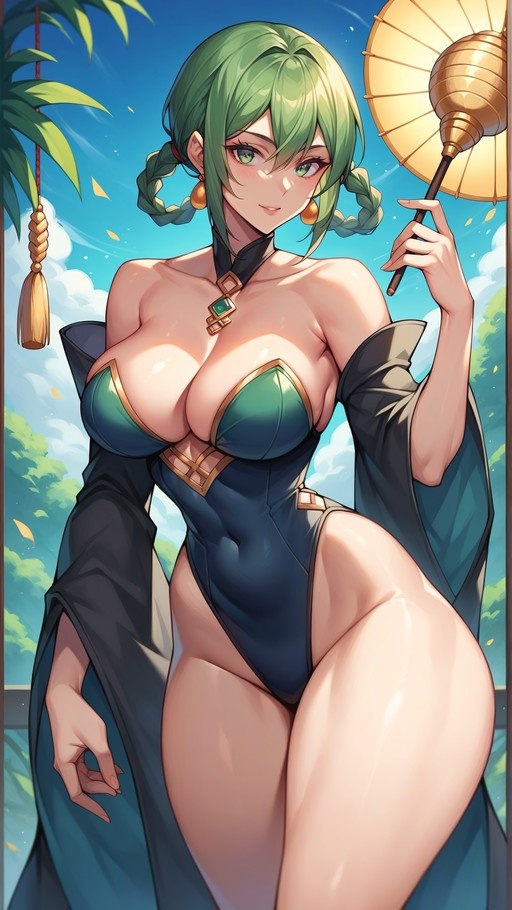 A digital painting of a smiling anime girl with green hair in braided pigtails and green eyes, wearing a black high-cut leotard with gold trim and holding a golden parasol under a blue sky.