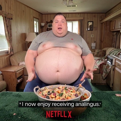 A very large obese man in a grey shirt sits in a wood-paneled trailer, gesturing at a bowl of food with a caption below him.