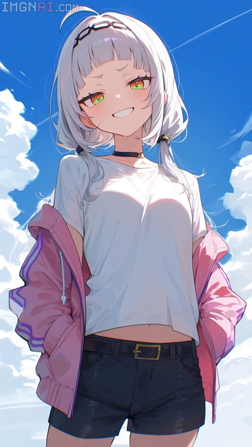 An anime-style illustration of Murasaki Shion with silver low twintails and yellow eyes, wearing a white t-shirt and black shorts with a pink jacket over her shoulders, smiling against a blue sky.