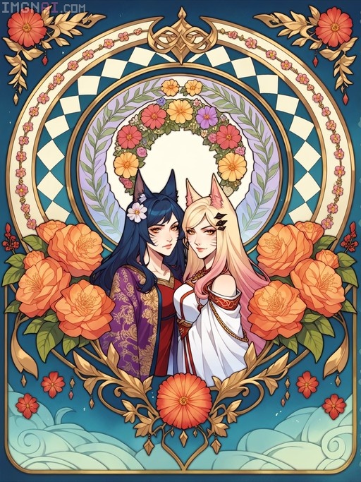 An Art Nouveau digital illustration featuring two versions of Ahri from League of Legends with fox ears, surrounded by a floral frame and checkered background.