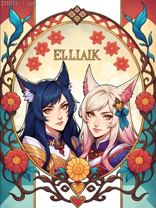 Two fox-eared anime women, one with white hair resembling Ahri and one with blue hair, framed by an ornate Art Nouveau border with red flowers and the text ELLIAK.