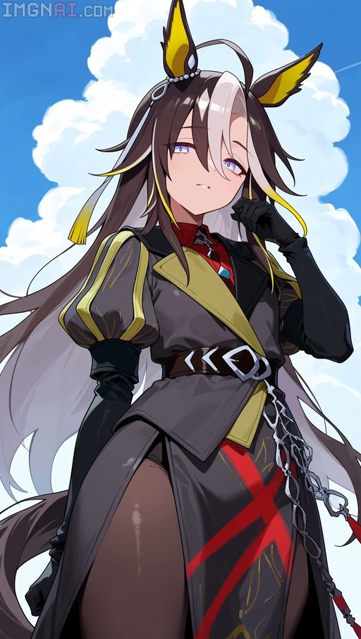 An anime-style horse girl with brown and white hair and mismatched yellow and dark ears stands against a blue sky wearing a dark grey coat with gold trim.