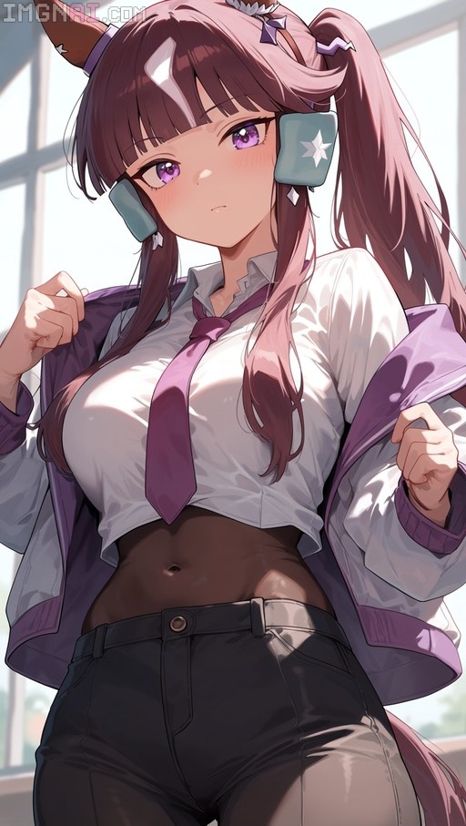 Anime girl with brown pigtails and horse ears wearing a school uniform and holding open her jacket.