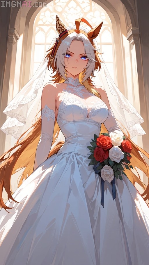 Orfevre from Umamusume in a white wedding dress holding red and white roses.