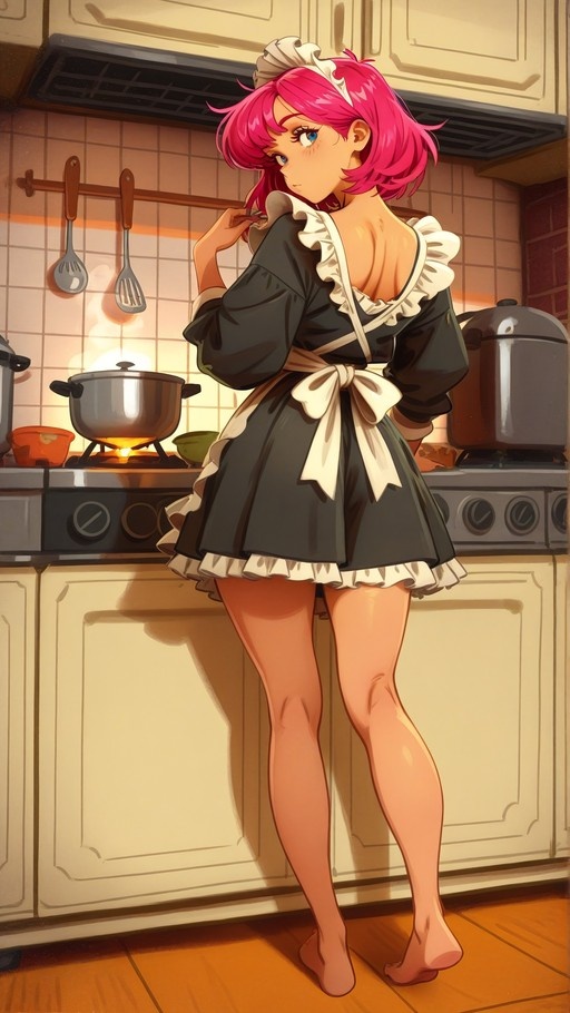 A pink-haired anime girl in a black and white maid outfit stands barefoot in a kitchen, glancing over her shoulder while pots simmer on the stove behind her.