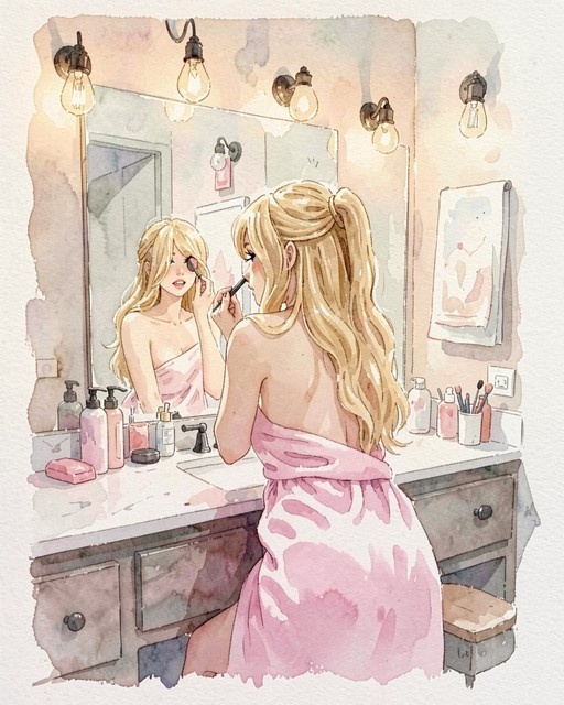 Watercolor illustration of a blonde woman in a pink towel applying makeup while looking into a bathroom mirror.