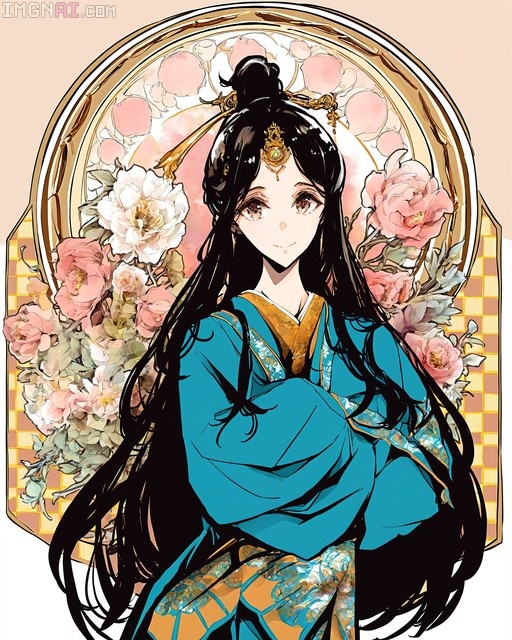 Mei-Ling Zhou in a blue hanfu surrounded by pink peonies in an Art Nouveau frame