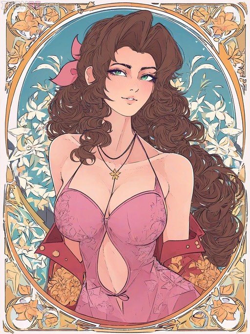 Aerith Gainsborough in a pink dress and red jacket framed by an Art Nouveau border with flowers.