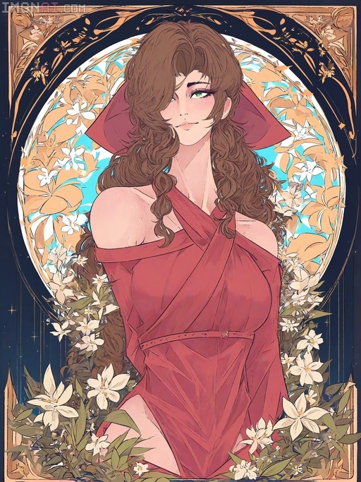 Aerith Gainsborough in a red dress surrounded by white flowers within an ornate Art Nouveau frame.