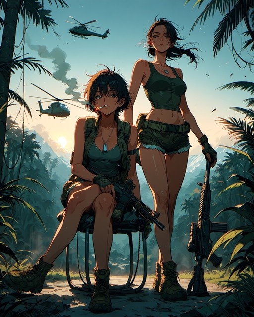 Two anime-style women in green military tank tops and shorts pose with rifles in a jungle, with helicopters flying overhead.