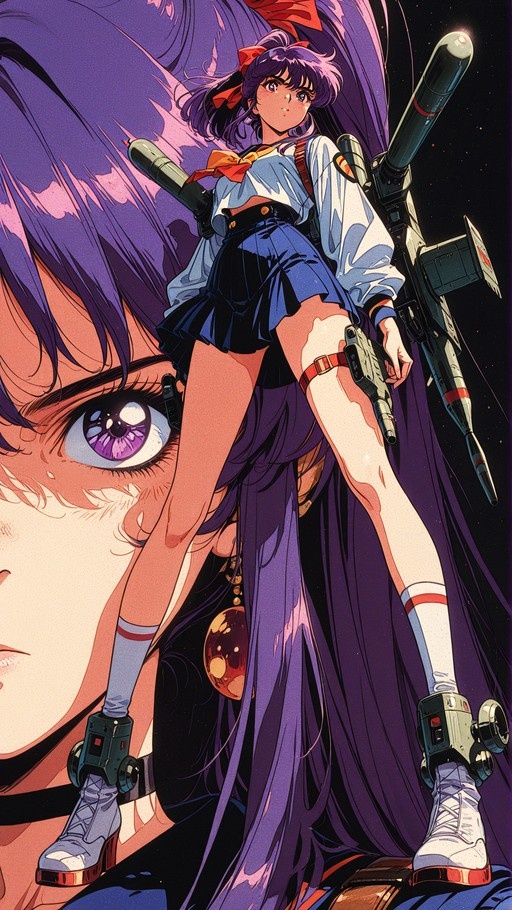 Full-body illustration of a purple-haired anime girl in a sailor uniform holding a handgun, with a missile launcher on her back and thruster boots, set against a giant eye and space background.