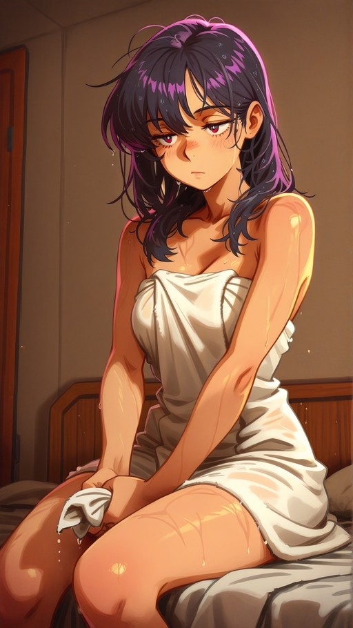 An anime girl with dark hair and purple highlights sits on a bed wrapped in a white towel, her skin appearing wet.