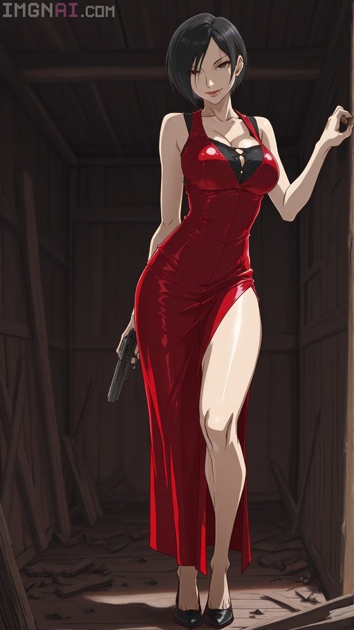 Ada Wong from Resident Evil holding a pistol in a red dress inside a wooden shack.