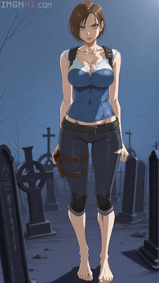Jill Valentine stands barefoot in a graveyard wearing a torn blue shirt and dark pants with a holster.