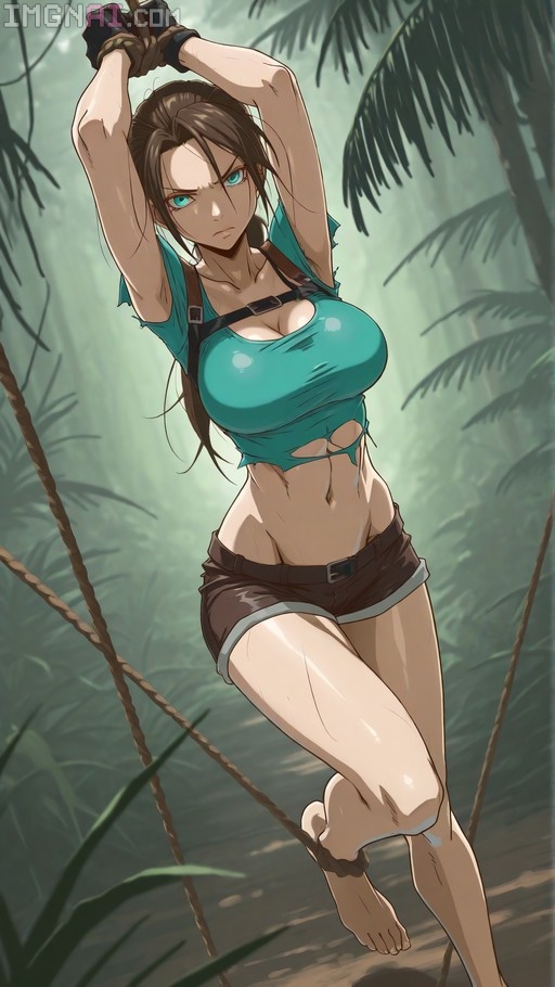 Lara Croft swinging on ropes in a jungle wearing a torn teal crop top and brown shorts