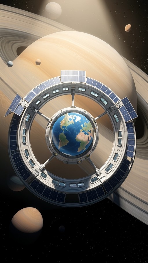 A circular space station with solar panels frames a view of Earth against the backdrop of a large ringed planet in deep space.