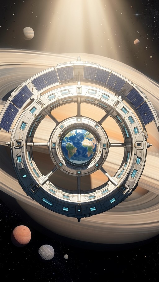 A circular space station with solar panels orbits a gas giant, framing the planet Earth in its center against a starry sky.
