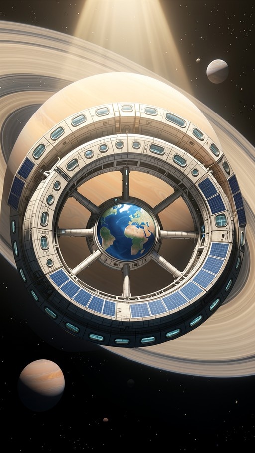 Futuristic circular space station with solar panels framing Planet Earth, set against a backdrop of a massive ringed gas giant and starry cosmos.