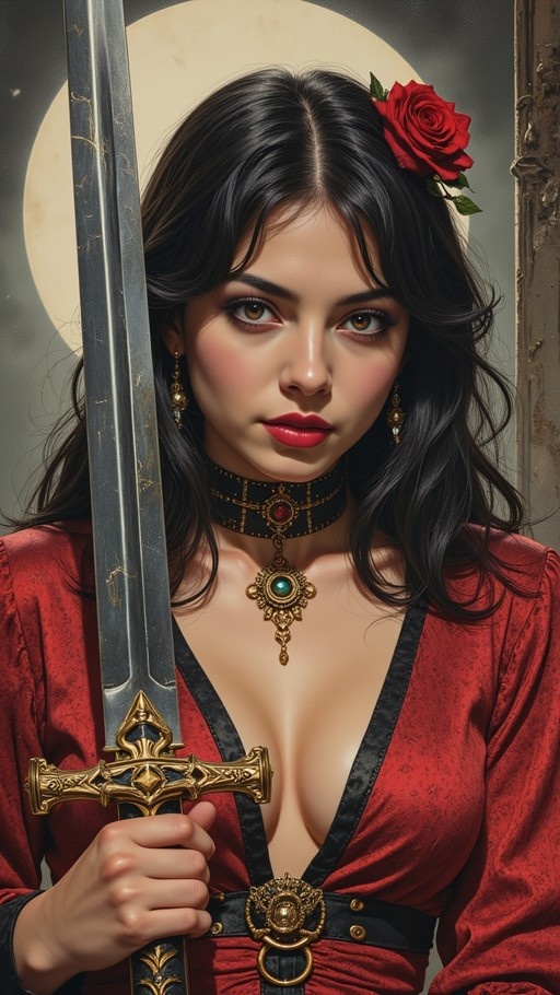 A young woman with long black hair and a red rose in her hair holds a large sword upright while wearing a red dress and ornate jewelry against a moonlit background.