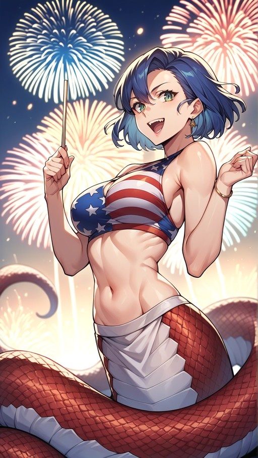 A blue-haired lamia monster girl in an American flag bikini holds a sparkler against a backdrop of night fireworks.