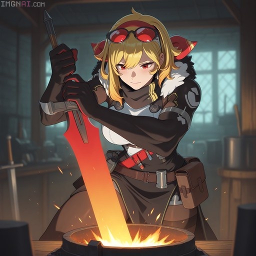Kaela Kovalskia holding a glowing sword over a fire.