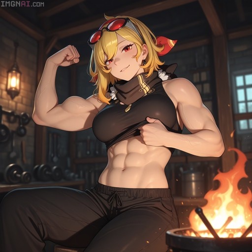 Kaela Kovalskia from Zenless Zone Zero flexing her bicep and lifting her shirt to show her abs.