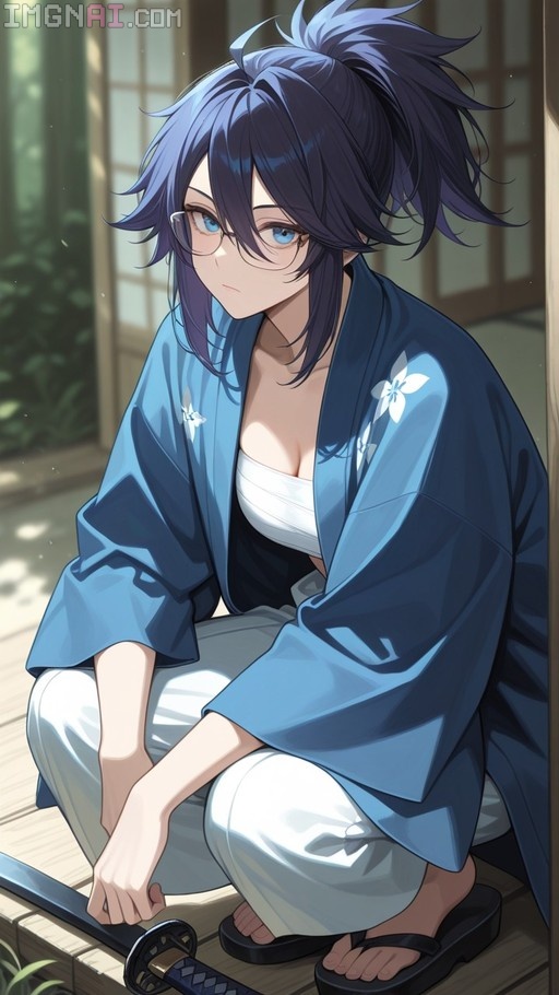 An anime-style illustration of a blue-haired woman with glasses wearing a blue floral haori and white pants, squatting on a wooden porch next to a katana.
