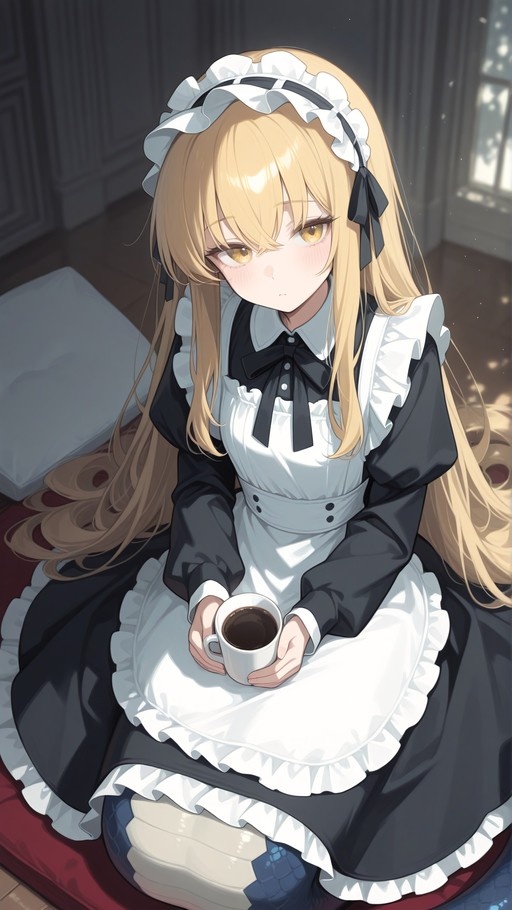 Blonde anime lamia maid in a black and white uniform sitting on the floor holding a cup of coffee.