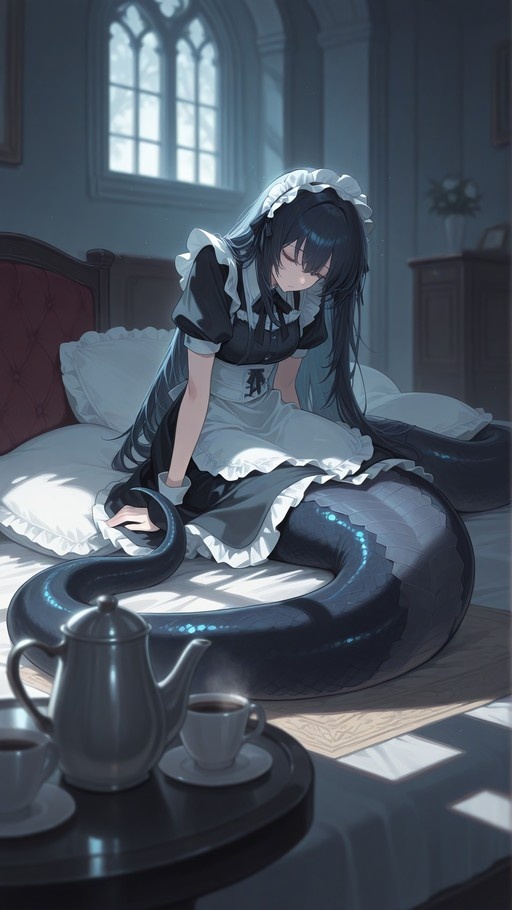 A digital illustration of a black-haired monster girl maid with a large snake tail resting on a bed next to a tea set.