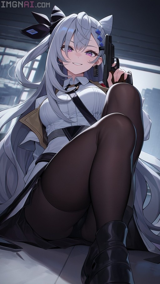 Vestia Zeta sitting on the floor holding a black handgun, wearing a white shirt and black tights, with long silver hair and purple eyes.