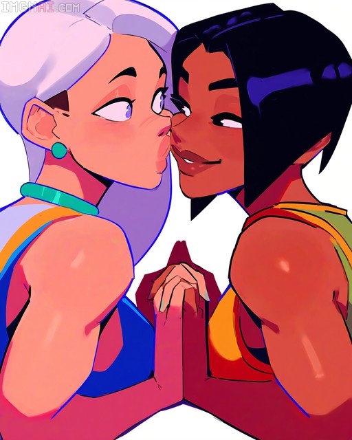 Two women facing each other closely with interlocked fingers, one with white hair and blue clothing, the other with dark skin and black hair in an orange top.