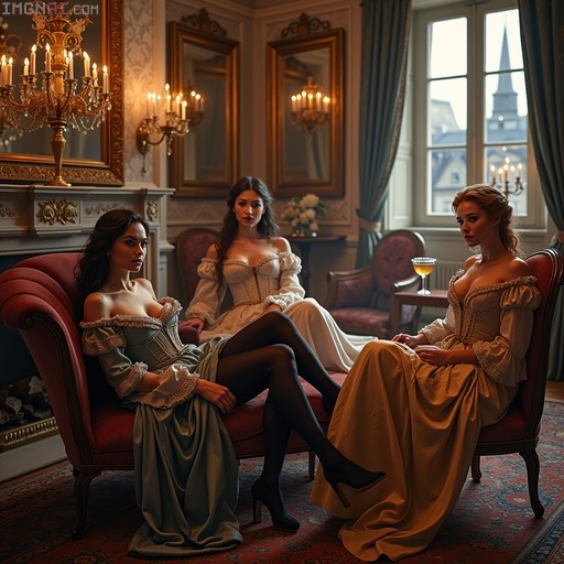 Three women in ornate 17th-century gowns relax in a candlelit salon, one wearing black stockings and high heels.